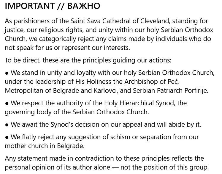 Screenshot of the August 31, 2026 statement posted by the protest group, headed IMPORTANT // ВАЖНО, setting out four principles including respect for the Holy Synod as the governing body of the Church and a rejection of schism