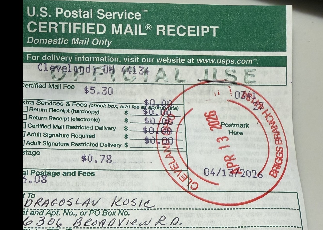 Certified mail receipt addressed to Fr. Dragoslav Kosić at 6306 Broadview Road, Parma