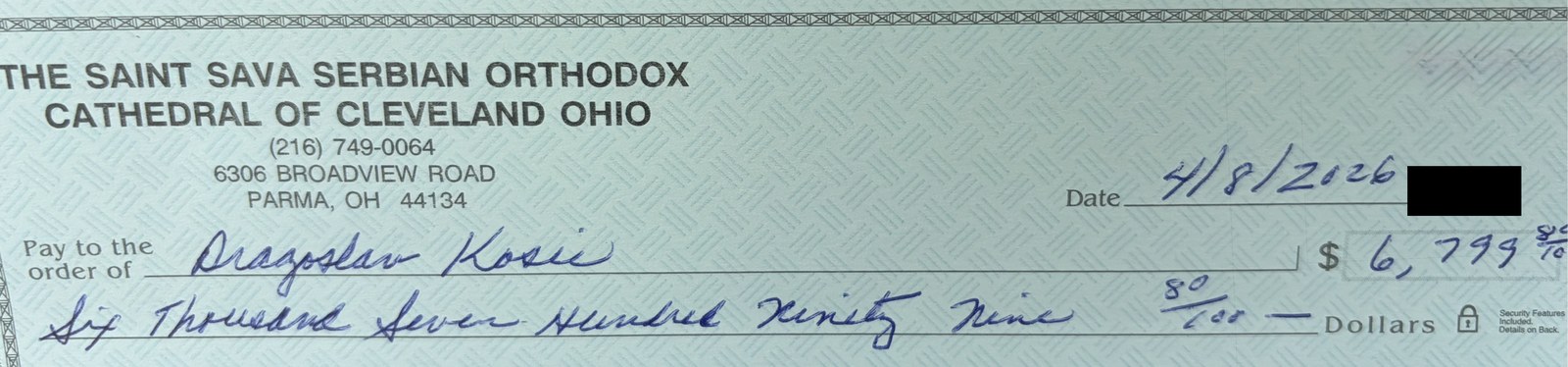 Cathedral check made payable to Fr. Dragoslav Kosić, dated April 8, 2026, in the amount of $6,799.80