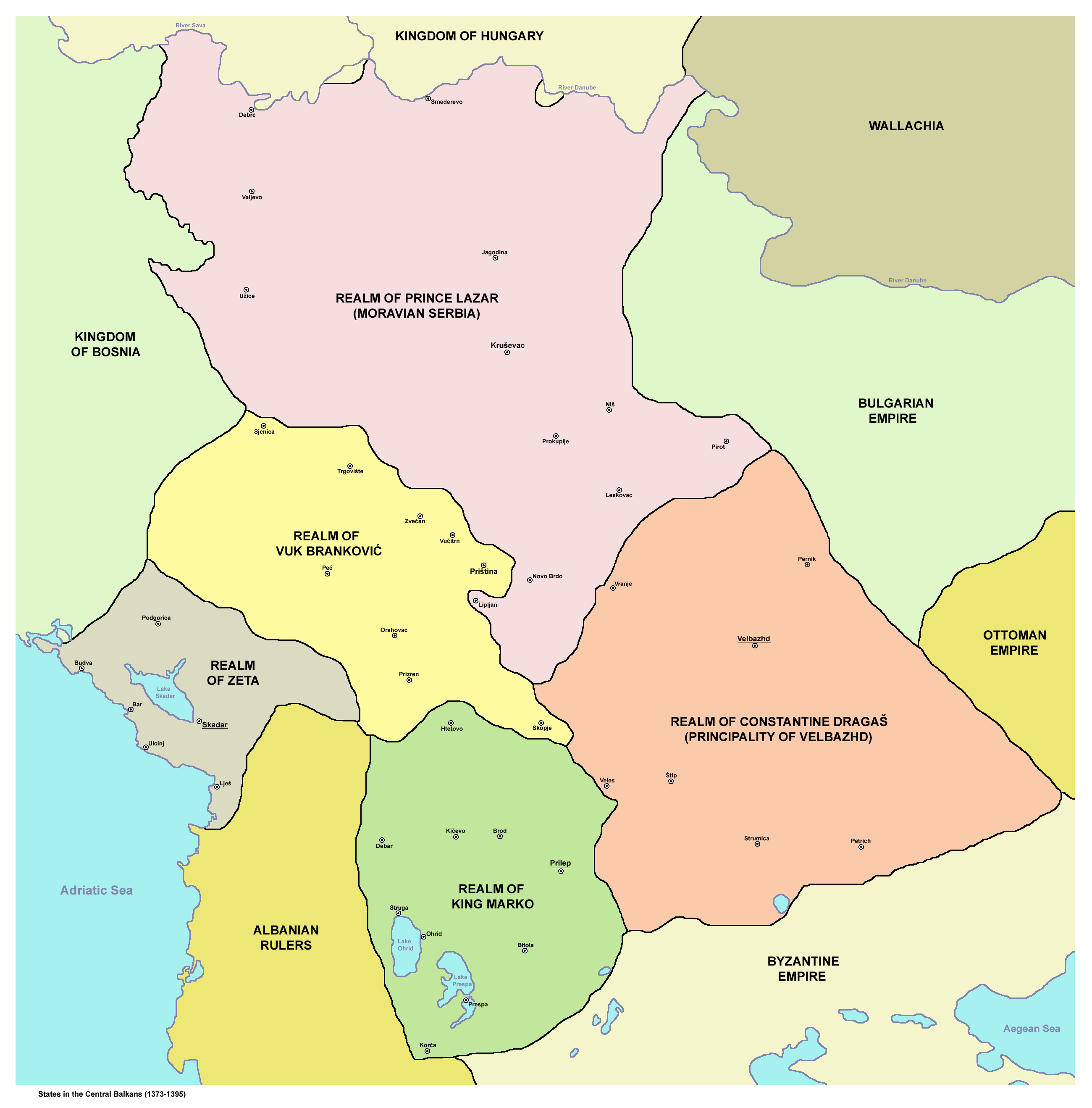 Map of the Serbian principalities in the central Balkans, 1373–1395